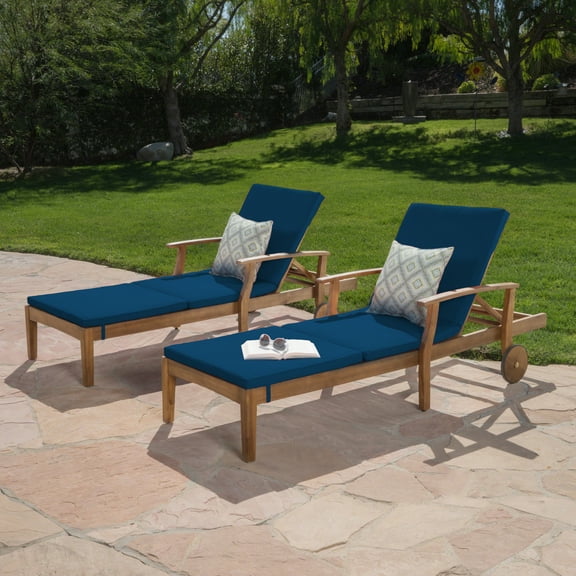 Mavis Outdoor Chaise Lounge With Cushion, Set of 2, Teak Finish, Blue