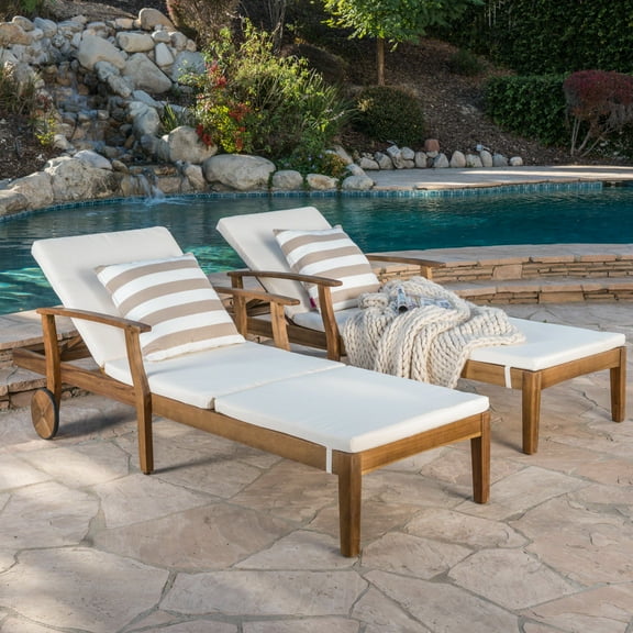 Mavis Outdoor Chaise Lounge With Cushion, Set of 2, Teak Finish, Cream