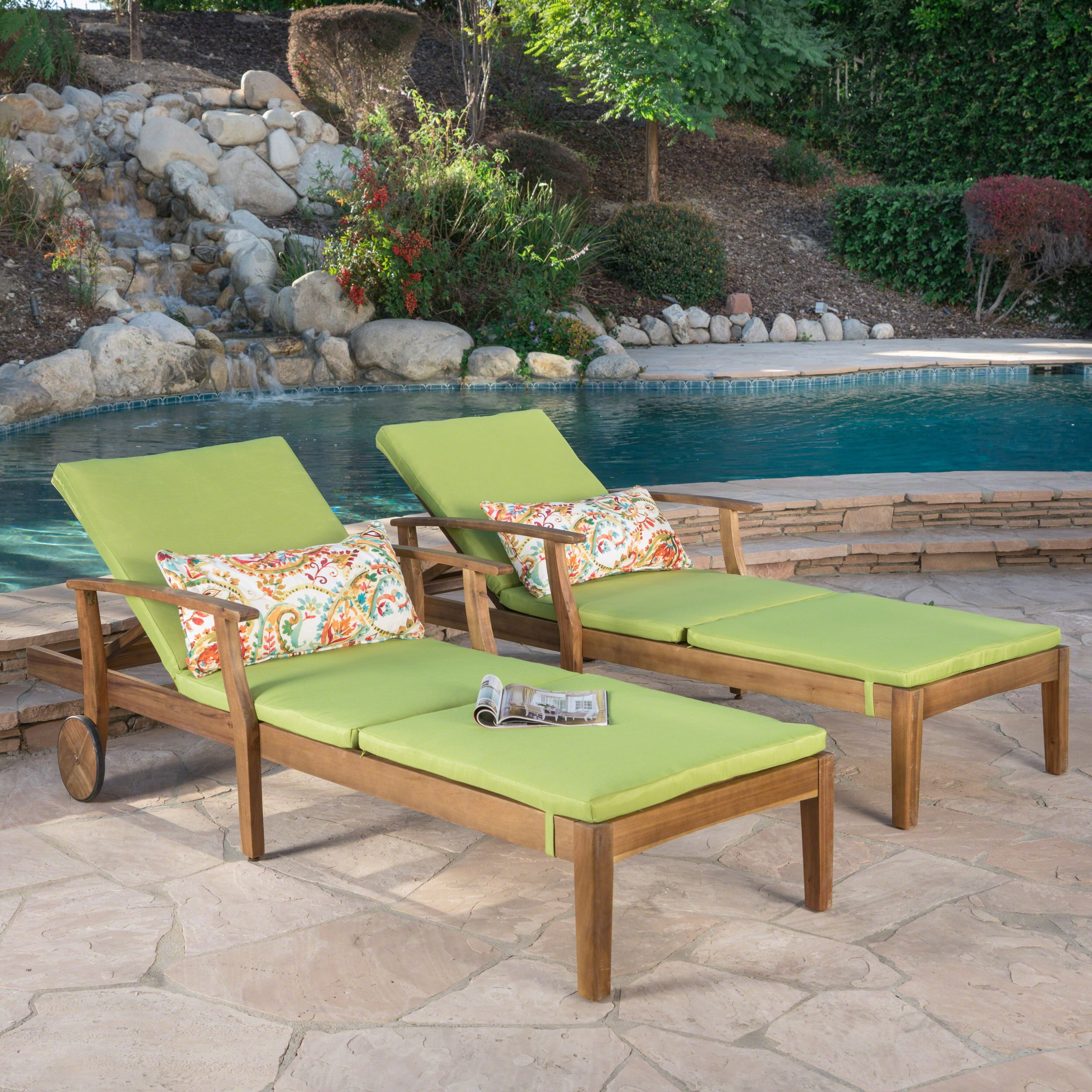 Mavis Outdoor Chaise Lounge With Cushion, Set of 2, Teak Finish, Green