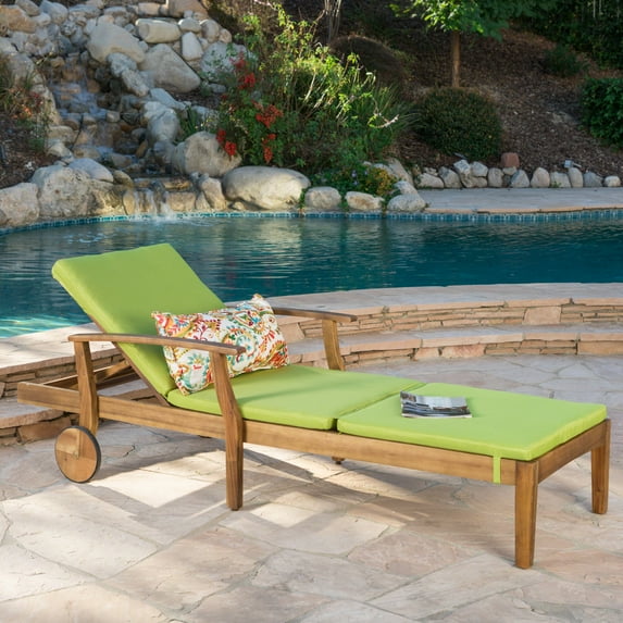 Mavis Outdoor Chaise Lounge With Cushion, Teak Finish, Green