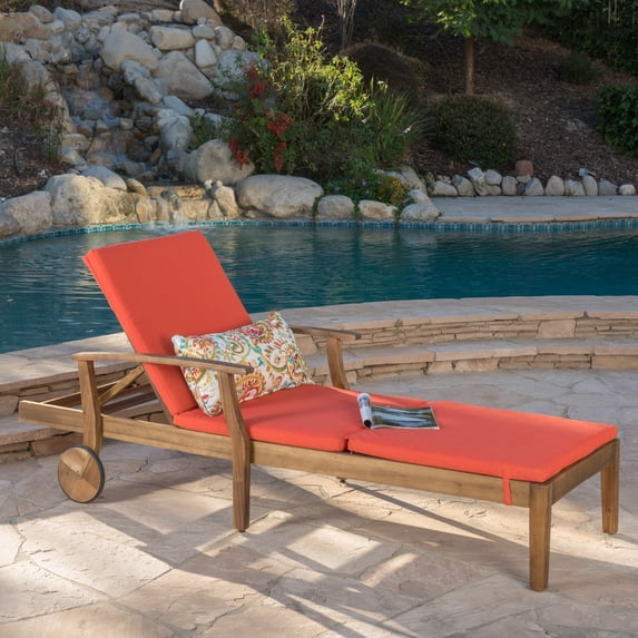 Mavis Outdoor Chaise Lounge With Cushion, Teak Finish, Orange