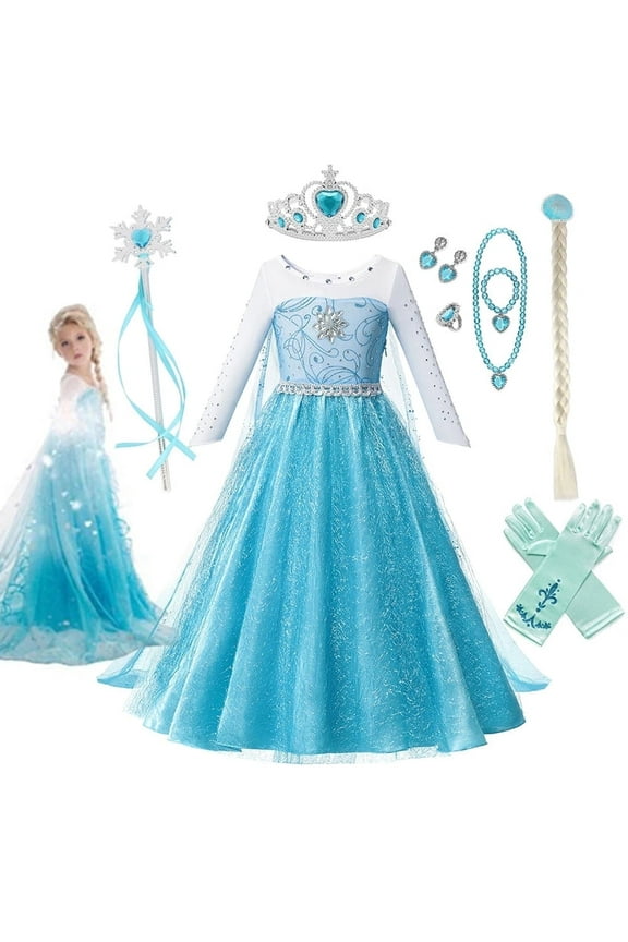 Gown Party Elsa Bling Synthetic Crystal Princess Dress, Blue, Size 140, 8 Set