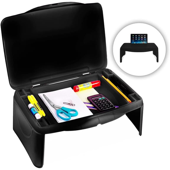 MavoCraft Black Folding Lap Desk with Storage & Dividers | Laptop Bed Table | Portable Study & Breakfast Tray for Kids, Adults, Boys & Girls
