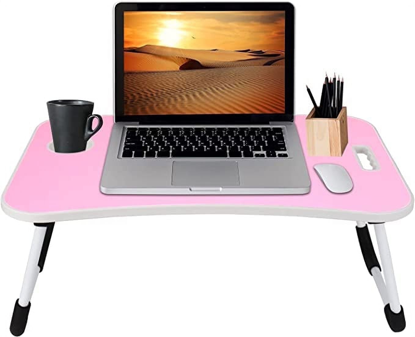 MavoCraft Laptop Desk for Bed - Lap Table with iPad Slot & Cup Holder - Portable Wood Lap Desk for Sofa & Bed for Adults & Kids - Adjustable Tablet & Laptop Stand for Comfortable Use (Pink)