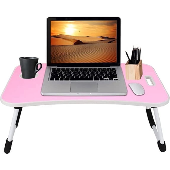 MavoCraft Laptop Desk for Bed - Lap Table with iPad Slot & Cup Holder - Portable Wood Lap Desk for Sofa & Bed for Adults & Kids - Adjustable Tablet & Laptop Stand for Comfortable Use (Pink)