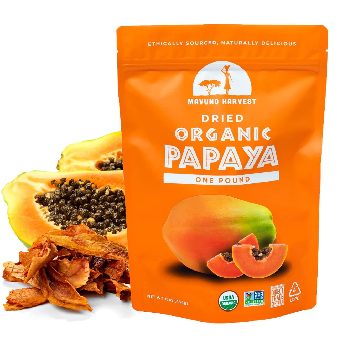 Mavuno Harvest Direct Trade Organic Dried Fruit, Papaya, 1 Pound
