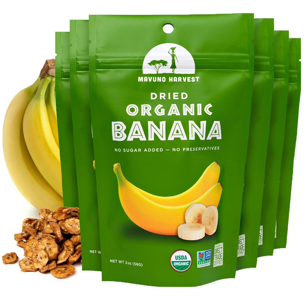 Mavuno Harvest Dried Banana Chips Fruit Snacks | Organic Dried Banana | Healthy Snacks for Kids & Adults | Unsweetened Banana Chips | Gluten Free Snack | Vegan, Non GMO, Direct Trade | 2 Oz, Pack of 6
