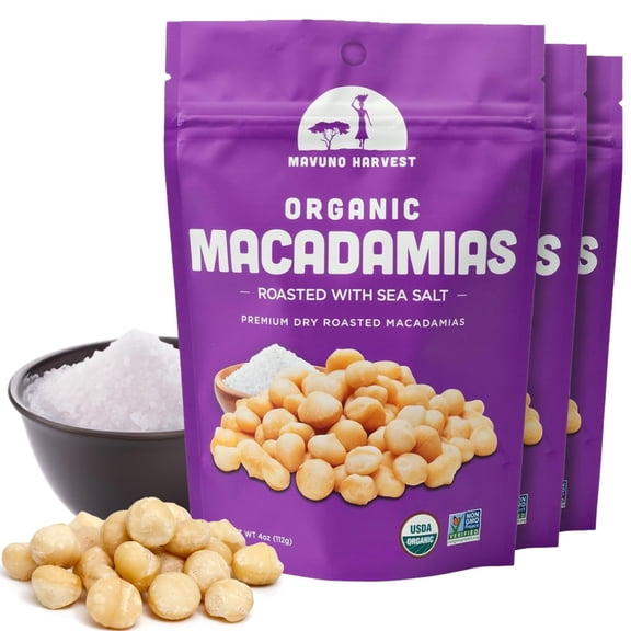 Mavuno Harvest Organic Roasted Macadamia Nuts with Sea Salt | Dry Roasted Whole Macadamia Nuts | Vegan, Non GMO Healthy Snacks for Kids and Adults | Office Friendly Work Snack | 4 Ounce, Pack of 3