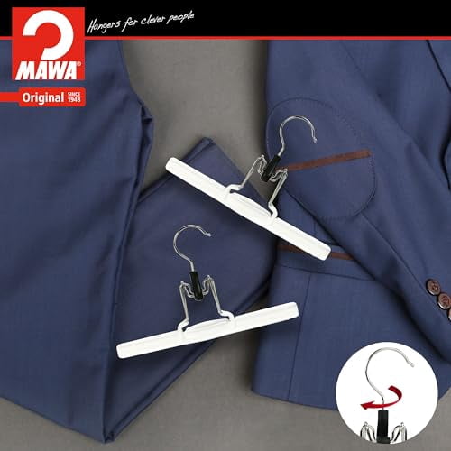 MAWA Space-Saving Rotating Pant & Skirt Hangers – 6 Pack, White, Non-Slip Clips For Pants, Skirts, Shorts (Style M/26)