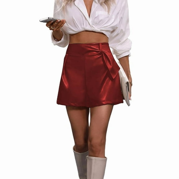 Mawalde Leather Skirts for Women High Waisted PU Leather Shorts Elastic Waist Ruched Wrap Skirt Wine Red L