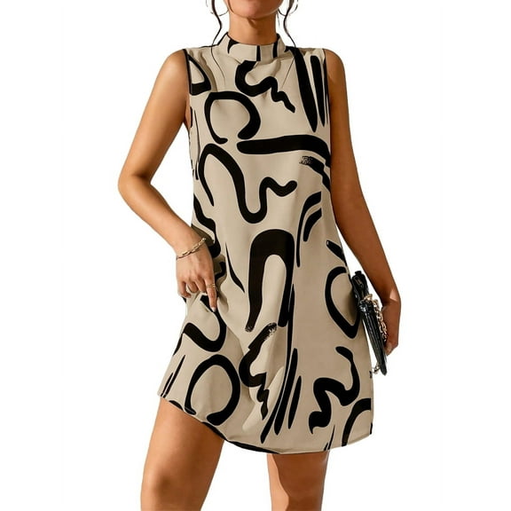 Mawalde Sleeveless Dress for Women Trendy Mock Neck Mini Dress Geometric Print Graphic Tank Dress Casual Loose Fit Sundress Khaki XL