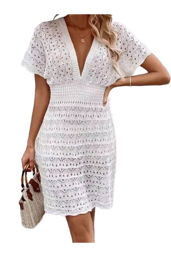 Mawalde Women Crochet Swim Cover Up Short Sleeve V Neck Bathing Suit Beach Dress Summer Swimwear Coverups White S