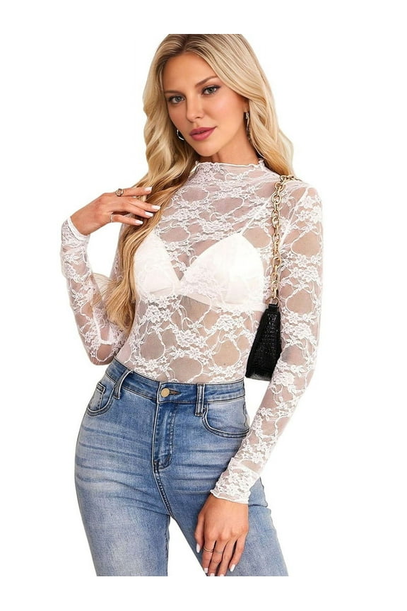 Mawalde Women Mesh Floral Lace Long Sleeve Tops See Through Layering Undershirt Blouse Crew Neck Sheer Casual Shirts White XL