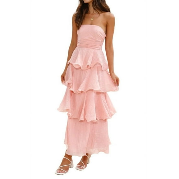 Mawalde Women Summer Strapless Maxi Dress Ruffle Tiered Solid Backless Smocked Elegant Flowy Beach Long Dresses Pink XL