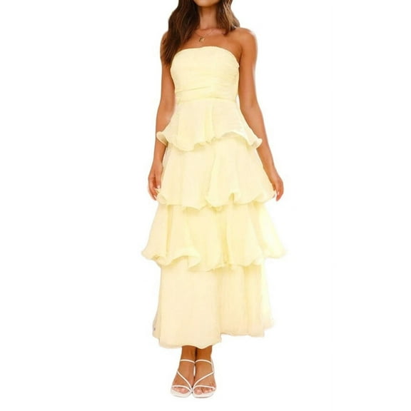 Mawalde Women Summer Strapless Maxi Dress Ruffle Tiered Solid Backless Smocked Elegant Flowy Beach Long Dresses Yellow L