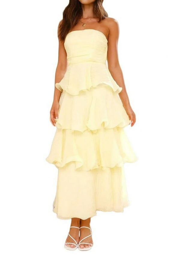 Mawalde Women Summer Strapless Maxi Dress Ruffle Tiered Solid Backless Smocked Elegant Flowy Beach Long Dresses Yellow L