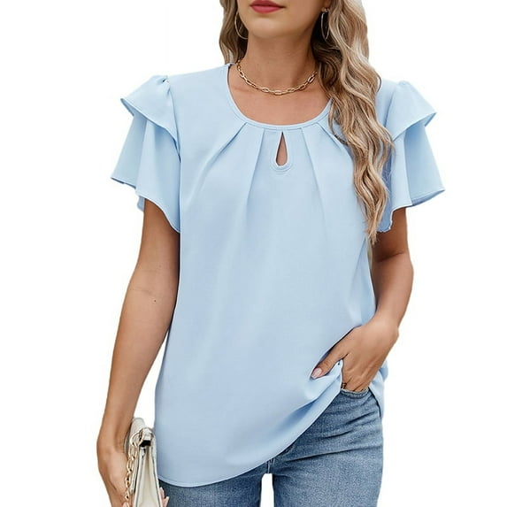 Mawalde Womens Summer Tops Ruffle Short Sleeve Casual Round Neck T Shirts Front Pleated Basic Tees Blouses Light Blue XL