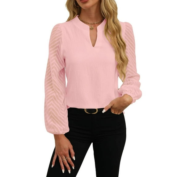 Mawalde Womens Tops Dressy Casual Sheer Long Sleeve V Neck Shirts Loose Flowy Chiffon Business Work Blouses Pink L