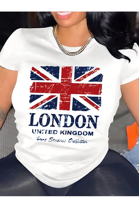 Maweii Fashionable London UK Flag Heat Transfer Print Casual Short Sleeve T-Shirt LONDON UNITED KINGDOM Graphic Tees Women Tops