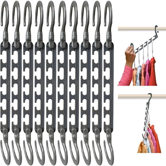 Max 10-Pack Space Saving Hangers, Reinforced Hooks Swivels 360, Cascading Hanger, College Dorms & Storage Closet Organizer, Fully Assembled Grey