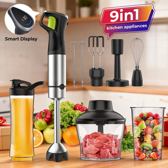 Max 1200W 9in1 Immersion Handheld Blender, Variable Speed Trigger & Time Display, with Chopper Whisk Frother Beaker for Soup Puree Smoothies