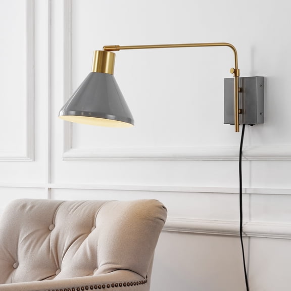 JONATHAN Y Max 20.5" Swing Arm 1-Light Modern Midcentury Iron USB Charging Port LED Sconce, Grey/Brass Gold