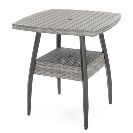 Max 38 Inch Outdoor Bar Table, Gray Faux Wood Frame, Woven Resin Wicker- Saltoro Sherpi
