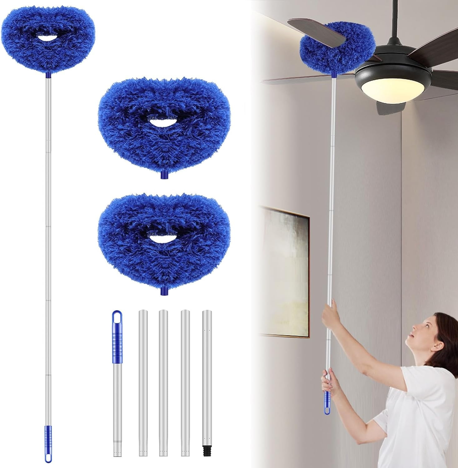Max 68'' Ceiling Fan Cleaner Duster Reusable Microfiber Ceiling Fan Blade Cleaner Removable Duster with Extension Pole for Cleaning Walls Bookshelves Furniture Door Window Top, Jewel Blue