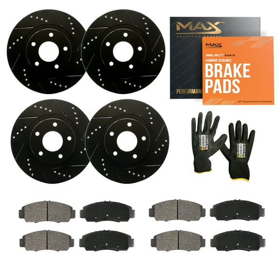 Max Advanced Brakes - Brake Kit for 1997 1998 1999 2000 2001 Cadillac Catera w/ Solid Rear Rotor Front and Rear Replacement Drilled Slotted Black Coated Disc Brake Rotors and Ceramic Brake Pads