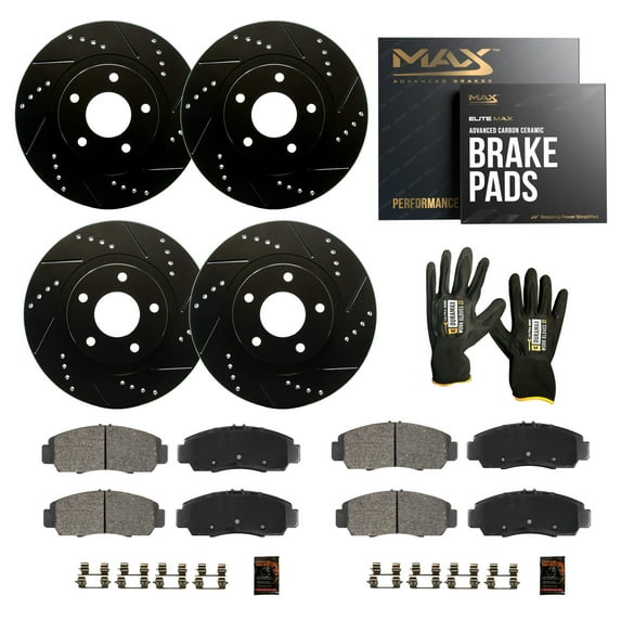 Max Advanced Brakes - Brake Kit for 2003-2008 2009 2011 Honda Element Front and Rear Replacement Drilled Slotted Black Coated Disc Brake Rotors and Ceramic Brake Pads