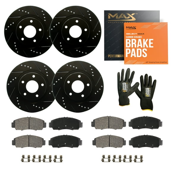 Max Advanced Brakes - Brake Kit for 2005 2006 Infiniti QX56 2005-2007 Nissan Titan 2005 2006 Nissan Armada Front + Rear Replacement Drilled Slotted Black Coated Disc Brake Rotors & Ceramic Brake Pads
