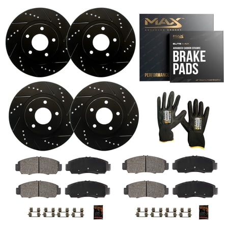 Max Advanced Brakes - Brake Kit for 2005-2009 Buick Allure LaCrosse 2004-2008 Pontiac Grand Prix Front and Rear Replacement Drilled Slotted Black Coated Disc Brake Rotors and Ceramic Brake Pads