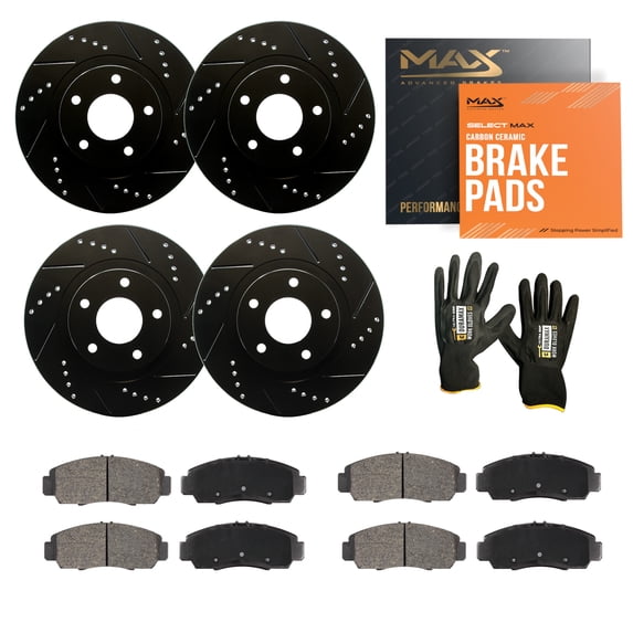 Max Advanced Brakes - Brake Kit for 2005 Pontiac Bonneville SLE Front and Rear Replacement Drilled Slotted Black Coated Disc Brake Rotors and Ceramic Brake Pads