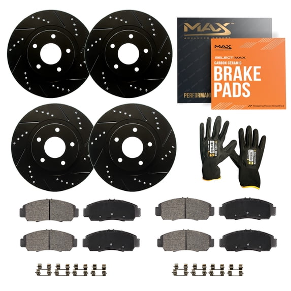 Max Advanced Brakes - Brake Kit for 2009 Pontiac G8 GXP Front and Rear Replacement Drilled Slotted Black Coated Disc Brake Rotors and Ceramic Brake Pads