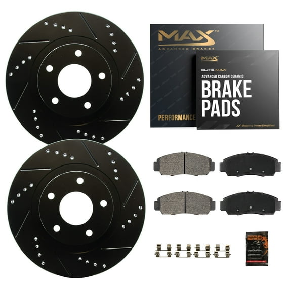 Max Advanced Brakes - Brake Kit for 2010 2011 2012 2013 2014 2015 Mercedes-Benz GLK350 GLK250 Rear Replacement Drilled Slotted Black Coated Disc Brake Rotors and Ceramic Brake Pads