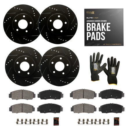 Max Advanced Brakes - Brake Kit for 2016 2017 Infiniti QX50 Front and Rear Replacement Drilled Slotted Black Coated Disc Brake Rotors and Ceramic Brake Pads