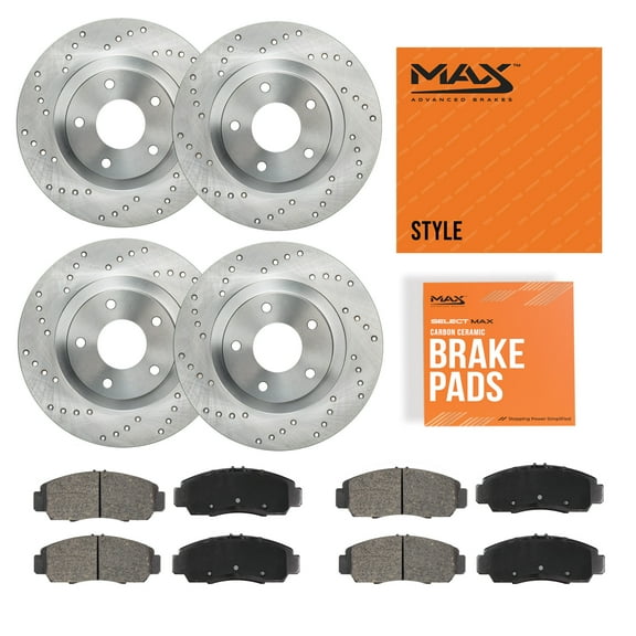 Max Advanced Brakes - Brake Kit for 2017 2018 Mazda 3/Mazda 3 Sport Mexico Built Electric Parking Brake Front and Rear Replacement Cross Drilled Disc Brake Rotors and Ceramic Brake Pads