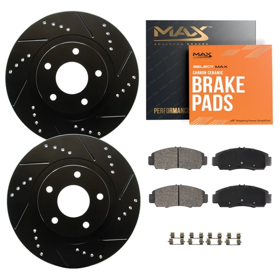 Max Advanced Brakes - Brake Kit for 2004 Pontiac GTO Front Replacement Drilled Slotted Black Coated Disc Brake Rotors and Ceramic Brake Pads