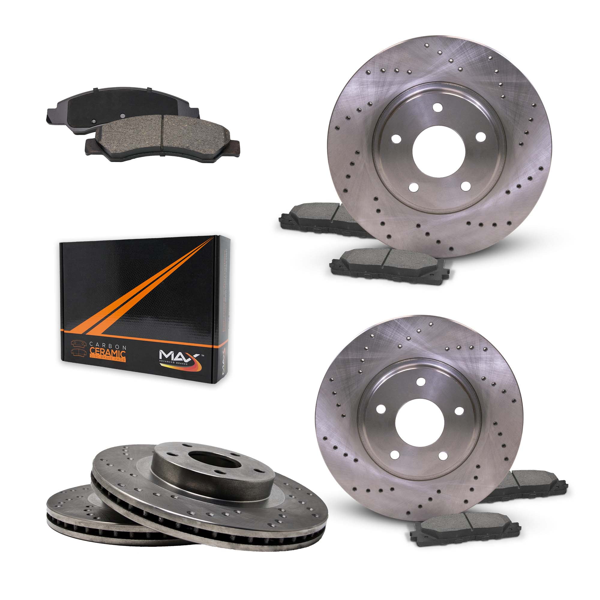 Max Advanced Brakes Premium XD CrossDrill F+R Rotors w/C'mc Brake Pads KT090623 Fits select
