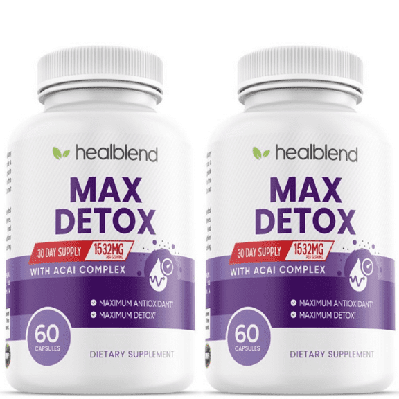 Healblend Max Detox Colon Cleanse & Liver Support Supplement - Psyllium, Papaya, Acai, Chlorella - Relieves Bloating, Constipation, Gas & Detoxes - for Men & Women (2 Pack)