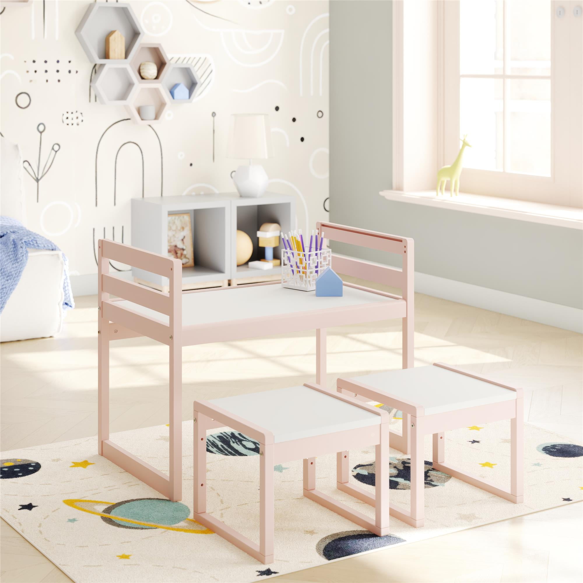 Max & Finn Signy Kids Table and 2 Chairs Set with Adjustable Heights, Pink/White