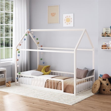 Max & Finn Skyler Metal Montessori House Bed with Removable Rail, Twin, Off White