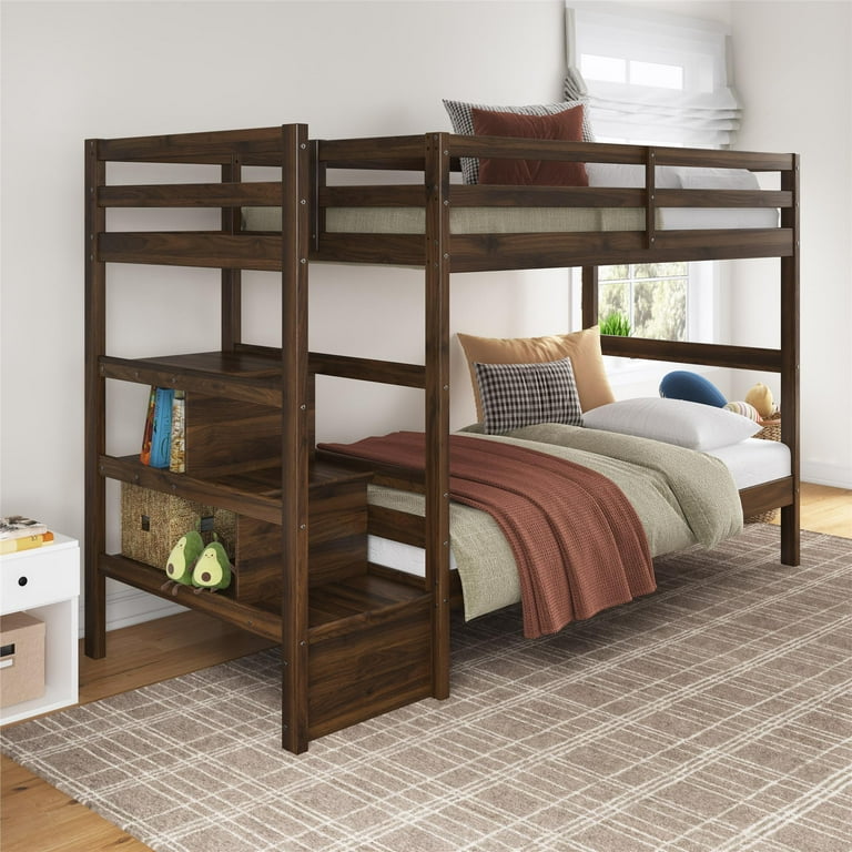 Max Finn Zaire Wood Bunk Bed with Stairs and Shelves, Twin over