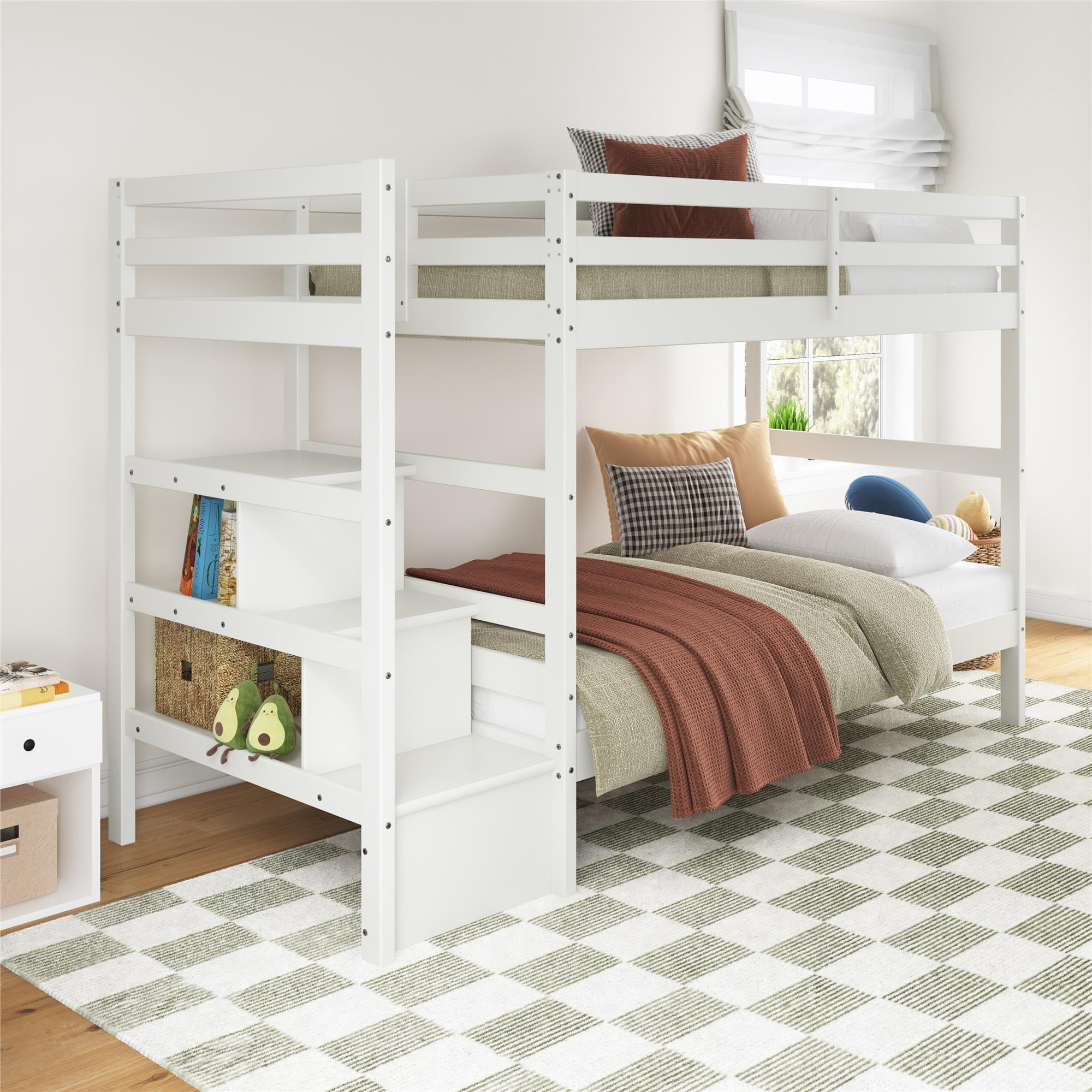White Twin Over Twin Pine Wood Bunk Bed with Stairs and Shelves