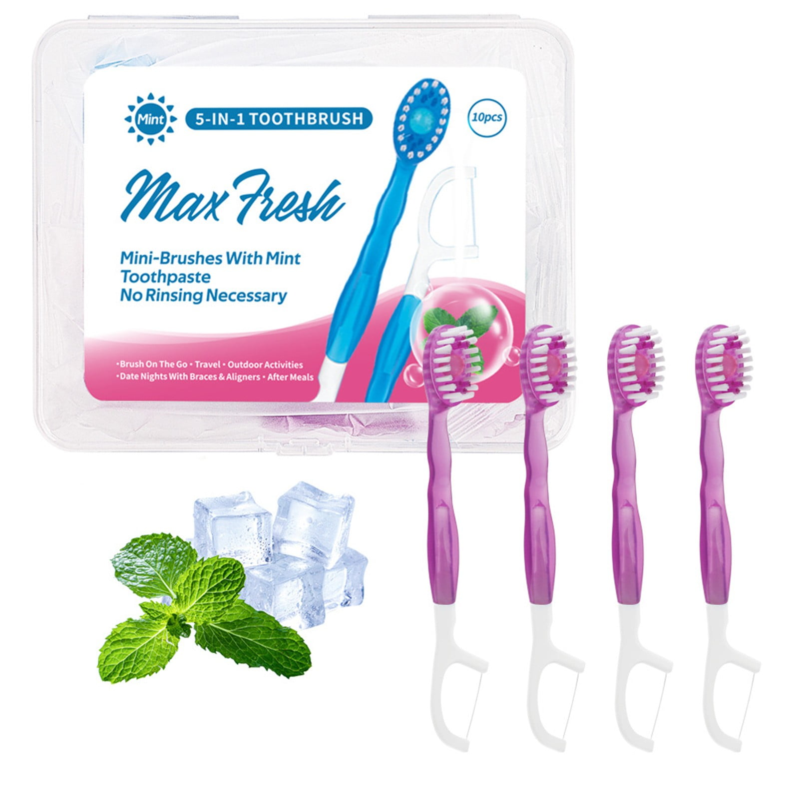 Max Fresh 5-in-1 Mini Toothbrushes with Mint Toothpaste, No Rinsing Required, Portable Oral Care Set, 10 Pack, Travel-Size Disposable Toothbrushes for On-the-Go Freshness and ConvenienceD