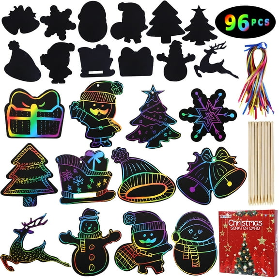 Max Fun Rainbow Color Scratch Christmas Ornaments 96 Counts Craft Kit Toys for Kids Party Favors