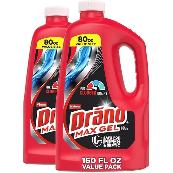 Max Gel Drain Clog Remover & Cleaner, Fast-Acting to Unclog Standing Water & Remove Hair, Grease & Food Blockages, Safe for all Pipes & Septic, Kitchen Sinks, Bathroom Showers, 80 Oz, 2 Pack