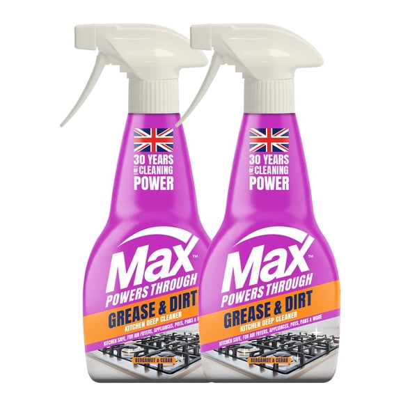 Max Grease & Dirt Cleaning Spray (2 Pack), High Performance Kitchen Cleaner & Grease Remover, Powerful Kitchen Degreaser for All Surfaces, No Residue, Bergamot and Cedar Fragrance - Made in the UK