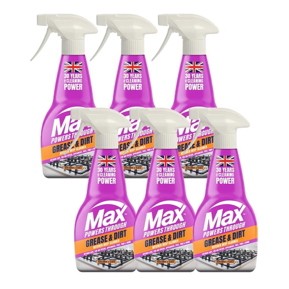 Max Grease & Dirt Cleaning Spray (6 Pack), High Performance Kitchen Cleaner & Grease Remover, Powerful Kitchen Degreaser for All Surfaces, No Residue, Bergamot and Cedar Fragrance - Made in the UK