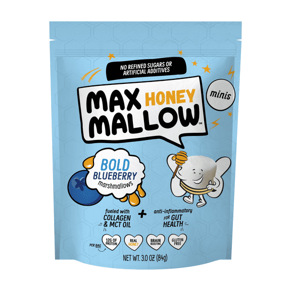 Max Mallow Bold Blueberry Mini HONEY Marshmallows – Gut Friendly, Gluten Free, No Refined Sugars, Real Wildflower Honey, Collagen-Infused Snack (3 Pack, Bold Blueberry)